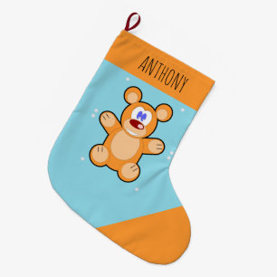 Monogram schattige bruine teddybeer op blauw grote kerstsok