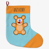 Monogram schattige bruine teddybeer op blauw grote kerstsok (Voorkant)
