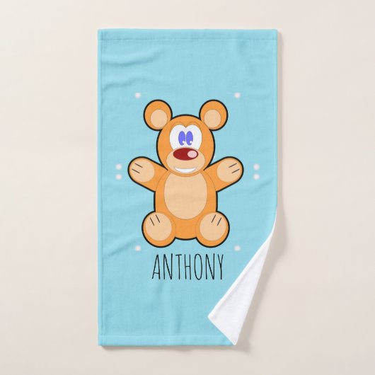 Monogram schattige bruine teddybeer op blauw handdoek (Handdoek)