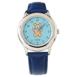 Monogram schattige bruine teddybeer op blauw horloge