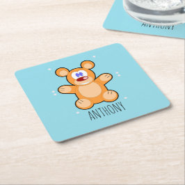 Monogram schattige bruine teddybeer op blauw kartonnen onderzetters