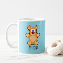 Monogram schattige bruine teddybeer op blauw koffiemok
