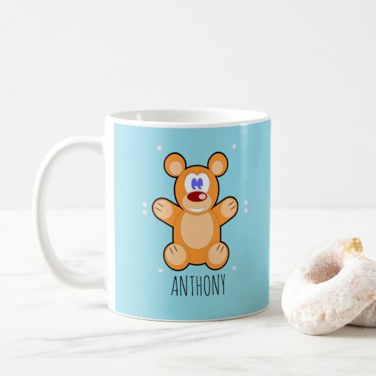 Monogram schattige bruine teddybeer op blauw koffiemok (Met donut)