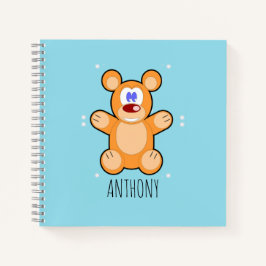 Monogram schattige bruine teddybeer op blauw notitieboek