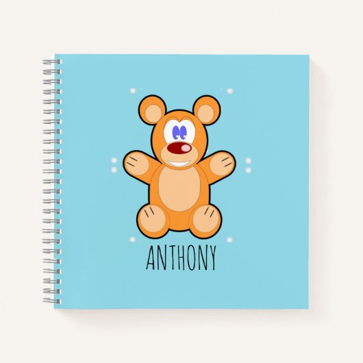 Monogram schattige bruine teddybeer op blauw notitieboek (Voorkant)