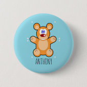Monogram schattige bruine teddybeer op blauw ronde button 5,7 cm (Voorkant)