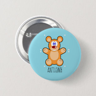 Monogram schattige bruine teddybeer op blauw ronde button 5,7 cm