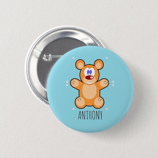 Monogram schattige bruine teddybeer op blauw ronde button 5,7 cm (Voorkant /achterkant)