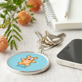 Monogram schattige bruine teddybeer op blauw sleutelhanger