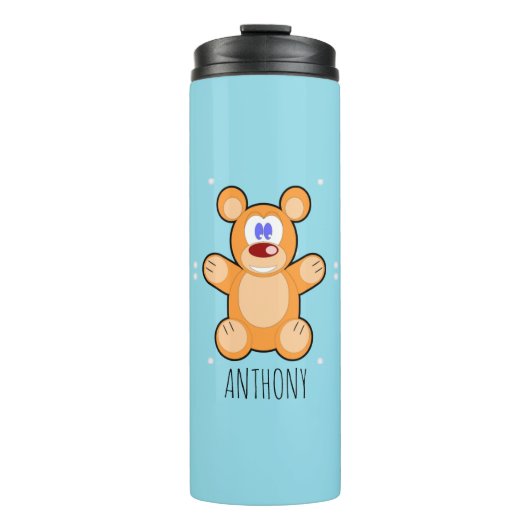 Monogram schattige bruine teddybeer op blauw thermosbeker (Voorkant)