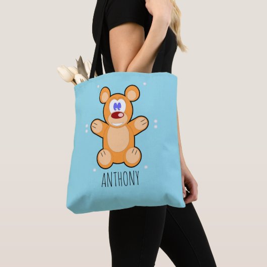 Monogram schattige bruine teddybeer op blauw tote bag (Dichtbij)