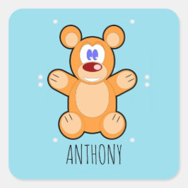 Monogram schattige bruine teddybeer op blauw vierkante sticker