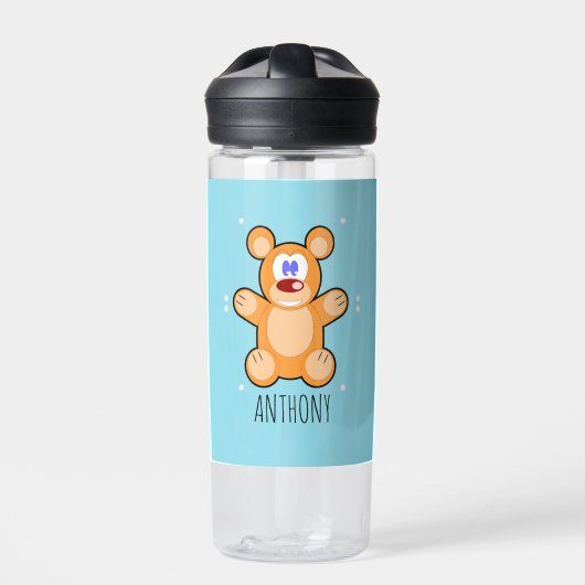 Monogram schattige bruine teddybeer op blauw waterfles (Voorkant)