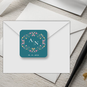  Monogram Schattige Kleurrijke Groene Bloemen Huwe Vierkante Sticker