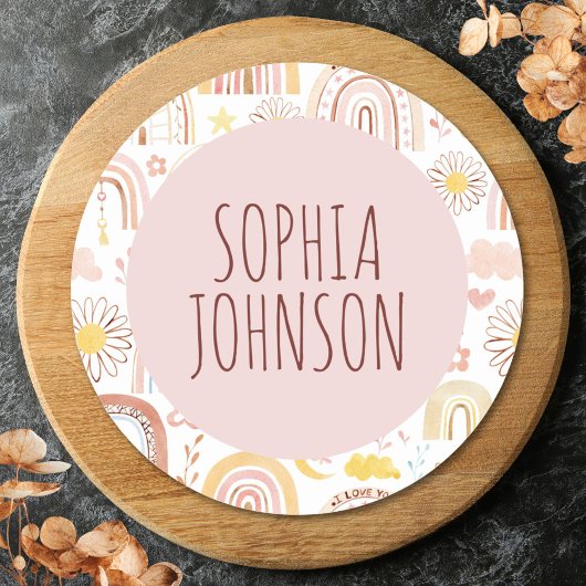 Monogram Schattige Kleurrijke Regenbogen en Daisy Ronde Sticker