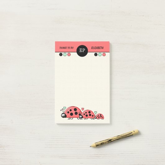 Monogram schattige ladyvogels met een naam post-it® notes (Op bureau)