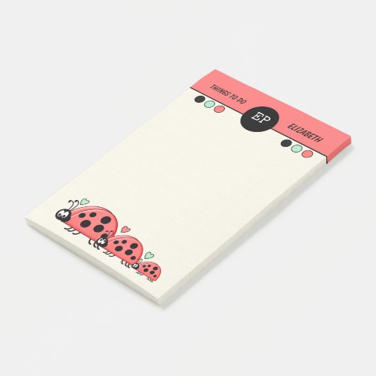 Monogram schattige ladyvogels met een naam post-it® notes (Schuin)