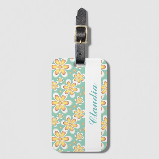 Monogram schattige oranje bloemetjes op groen bagagelabel (Voorkant (verticaal))