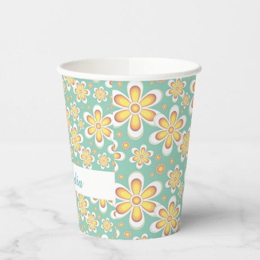 Monogram schattige oranje bloemetjes op groen papieren bekers (Links)