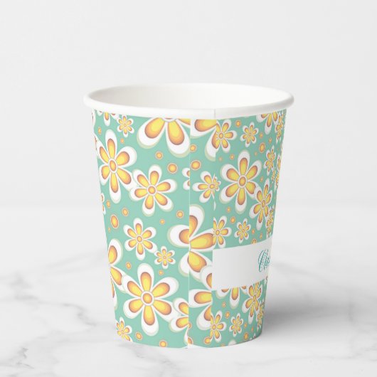 Monogram schattige oranje bloemetjes op groen papieren bekers (Rechts)