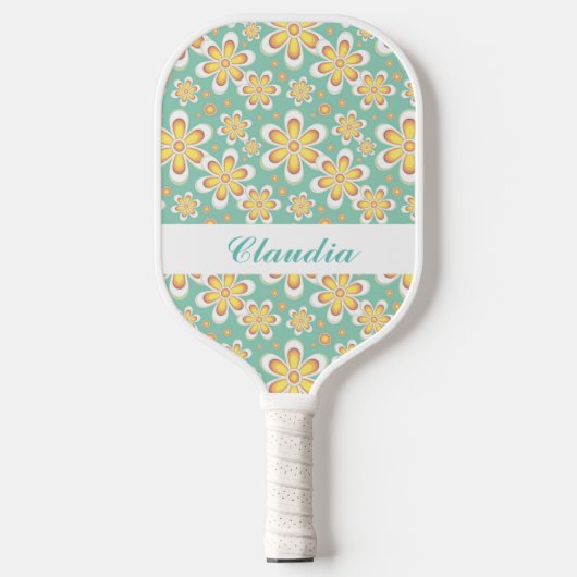 Monogram schattige oranje bloemetjes op groen pickleball paddle (Voorkant)