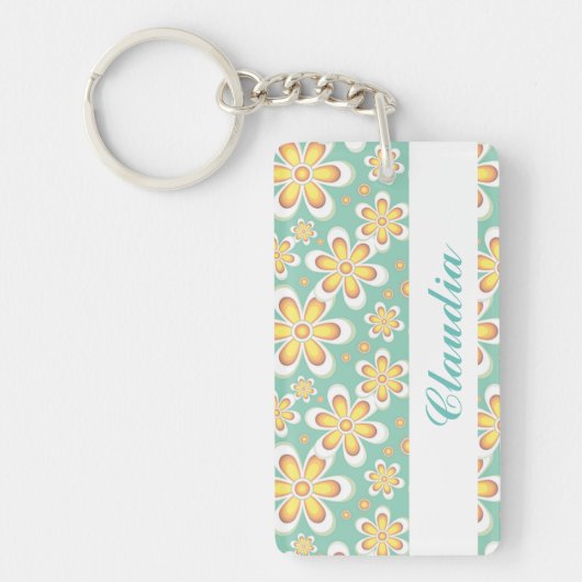 Monogram schattige oranje bloemetjes op groen sleutelhanger (Voorkant)