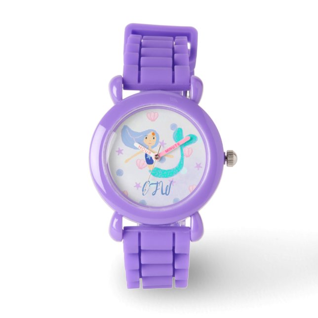 Monogram Schattige Pastel Periwinkle Zeemeermin Pr Horloge (Voorkant)