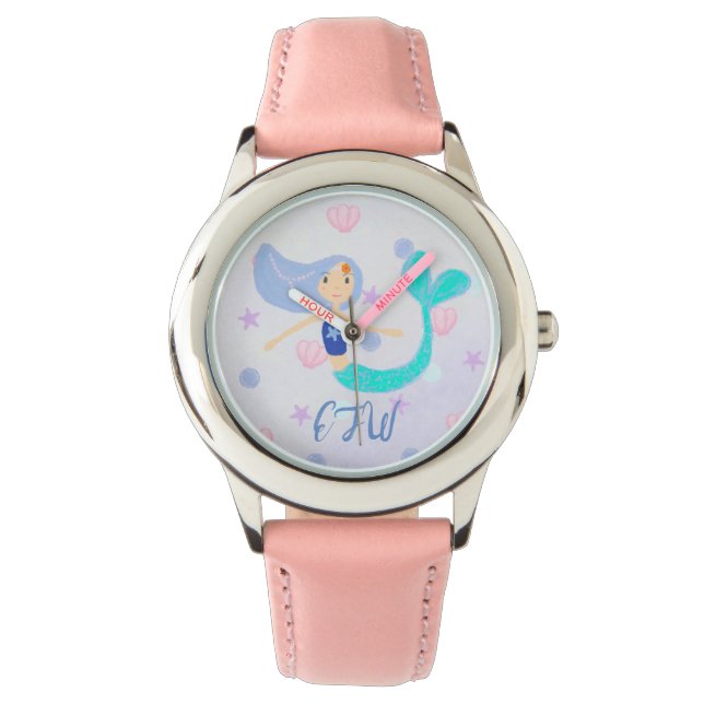 Monogram Schattige Pastel Periwinkle Zeemeermin Pr Horloge (Voorkant)