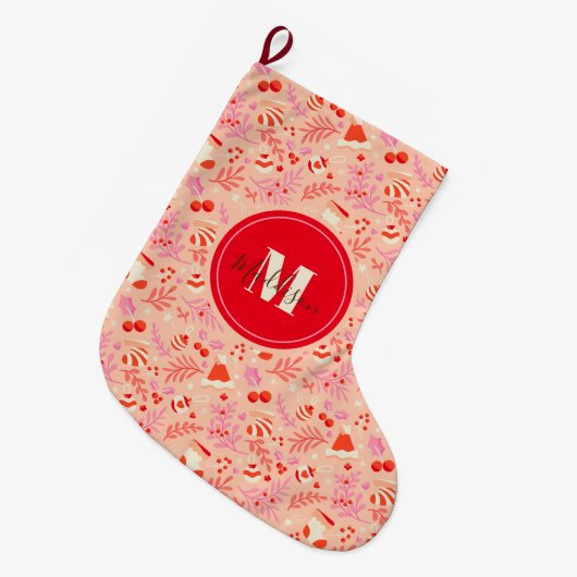 Monogram Schattige Retro Stijl Kerstmispatroon Grote Kerstsok (Voorkant (Hangend))