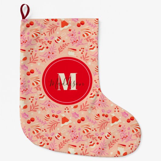 Monogram Schattige Retro Stijl Kerstmispatroon Grote Kerstsok (Voorkant)