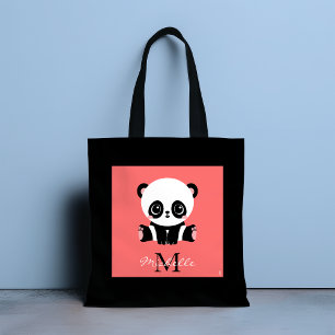 Monogram schattige zittende panda gepersonaliseerd tote bag