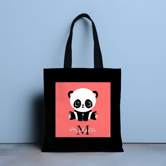 Monogram schattige zittende panda gepersonaliseerd tote bag