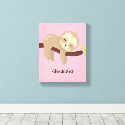 Monogram Schattigee Baby luiaard op boomroze kinde Canvas Afdruk (Insitu (Houten vloer))