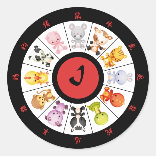 Monogram Schattigee Chinese Zodiac Circle Stickers (Voorkant)