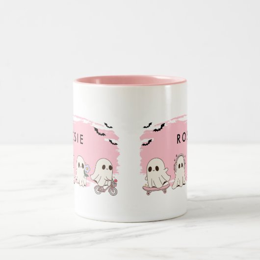 Monogram Schattigee Halloween Pink Ghosts Spooky M Tweekleurige Koffiemok (Center)