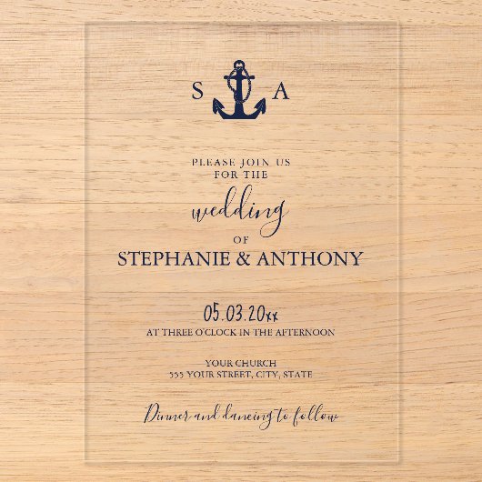 Monogram Scheepsanker Trouwjurk Navy Blauwe Acryl Uitnodigingen (Voorkant)