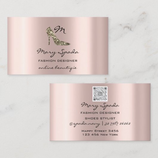 Monogram schoeisel Roos Gold Heels Logo Winkel QR- Visitekaartje (Voorkant / Achterkant)