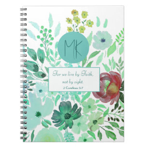 Monogram Schrift Aqua Groen Aquarel Bloemendecor Notitieboek