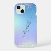 Monogram Schrift Blau Paars Glitter Trendy iPhone 15 Case (Achterkant)
