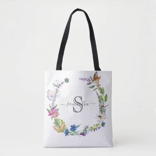 Monogram Schrift Calligrafie Vlinders Bloemen Naar Tote Bag (Voorkant)