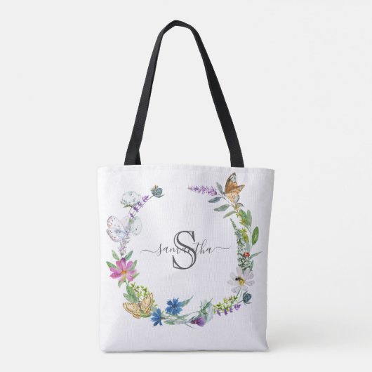 Monogram Schrift Calligrafie Vlinders Bloemen Naar Tote Bag (Achterkant)