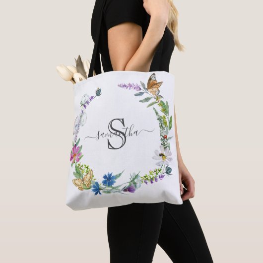 Monogram Schrift Calligrafie Vlinders Bloemen Naar Tote Bag (Dichtbij)