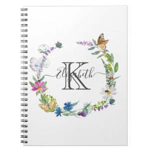 Monogram Schrift Calligrafie Vlinders Bloemen Notitieboek
