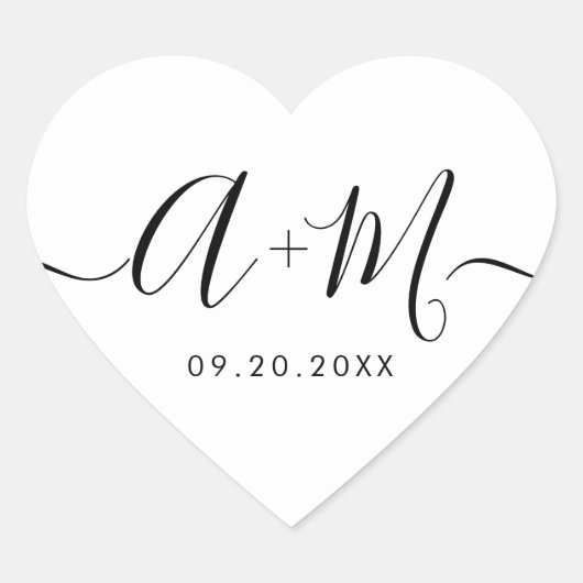 Monogram Schrift Custom Trouwdatum Hart Sticker (Voorkant)