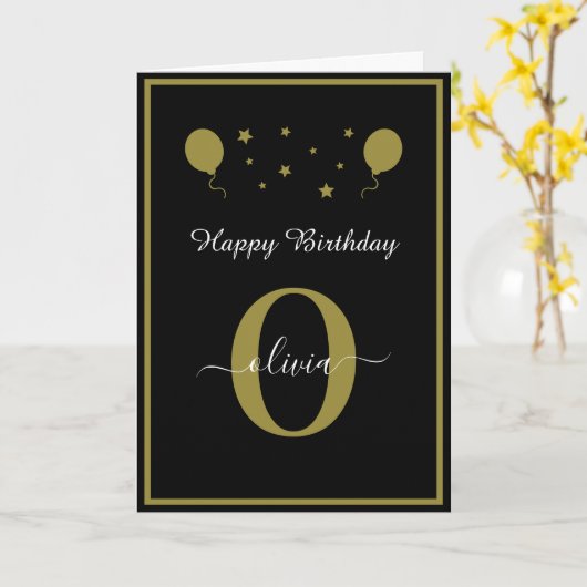 Monogram Schrift Happy Birthday Zwart Wit Goud Kaart (Gele Bloem)
