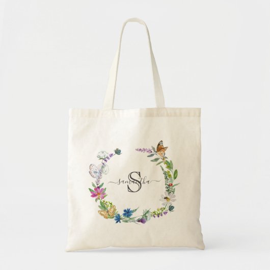 Monogram Schrift Kalligrafie Vlinders Bloemen Tote Bag (Voorkant)