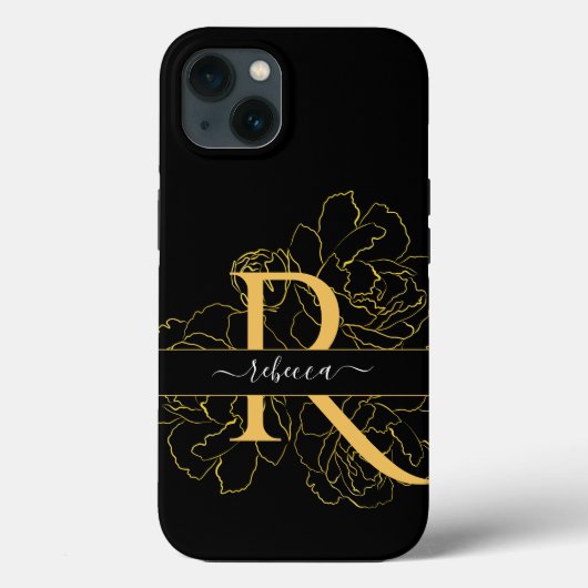 Monogram Schrift Modern Naam Zwart Goud Bloem Case-Mate iPhone Case (Achterkant)