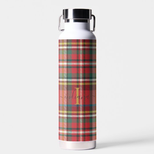 Monogram Schrift Naam Initiaal Rood Geruit Waterfles (Voorkant)