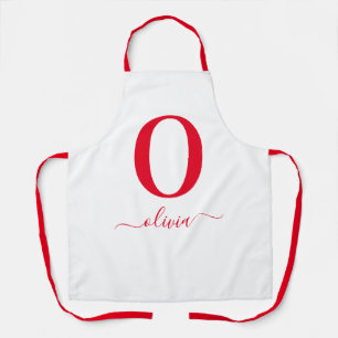 Monogram Schrift Naam Persoonlijk Wit en Rood Schort
