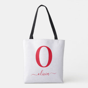 Monogram Schrift Naam Persoonlijk Wit en Rood Tote Bag